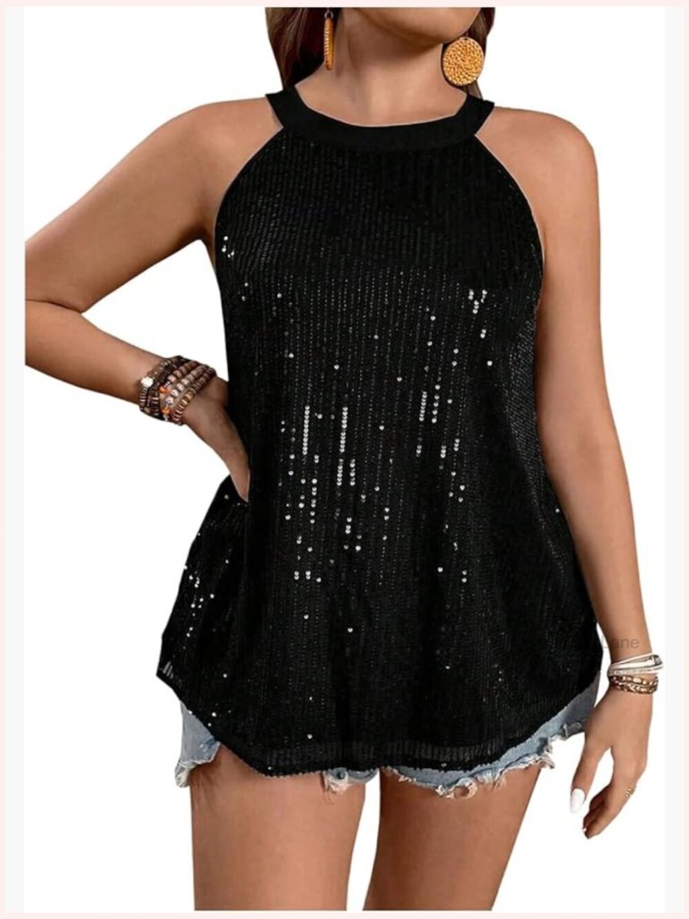 Plus Size Sequin Halter Top Sleeveless Keyhole Back Blouse Night Out